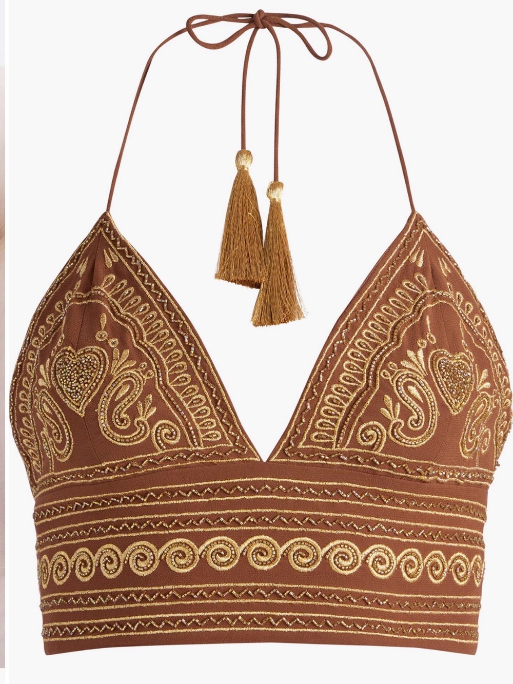 Alice + Olivia Carli Embroidered beaded Tassel Halter Top in Brown/gold